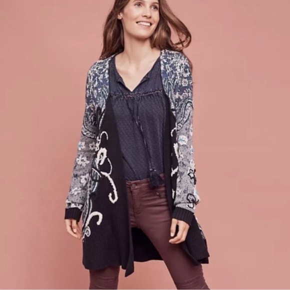 Anthropologie HWR Monogram Emmia Hand Stitched Open Front Cardigan Sweater Med - Picture 2 of 14